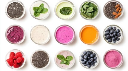 Naklejka premium Captivating Frozen Superfood Ingredients for Vibrant Smoothie Base on White Background
