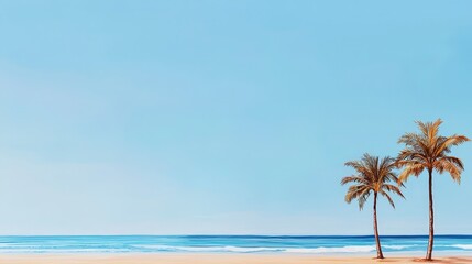 Fototapeta premium Serene tropical beach scene with two palm trees and calm ocean