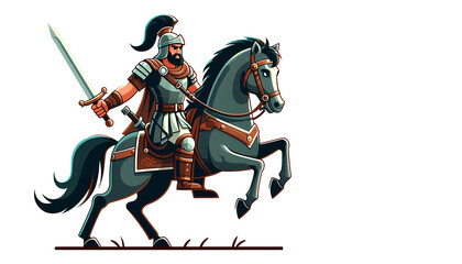 Fighter on Horseback Holding Sword in Cartoon Style