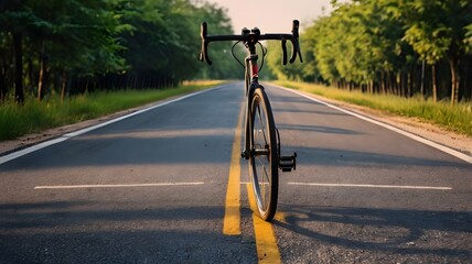 Cyclist's view of racing bicycle on straight forest road during sunrise
