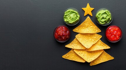 Christmas tree-shaped nachos with guacamole and salsa dips, arranged in a fun festive pattern
