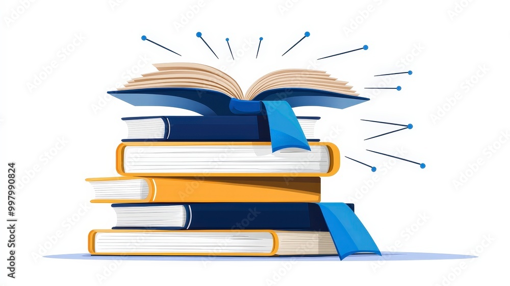 Poster stack of books with open book on top and bookmarks