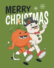 Fototapeta premium Christmas poster or postcard in retro groovy style. Cartoon snowman and mandarin characters. 