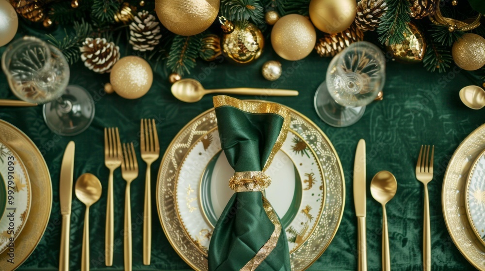 Poster a table with a green napkin and gold plates and utensils