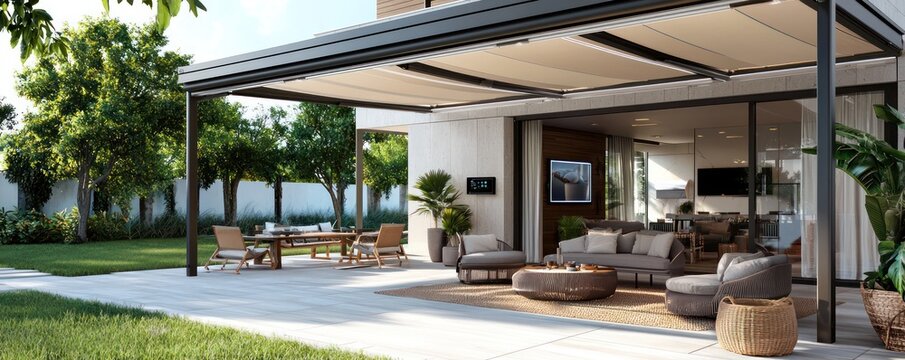 A smart patio with temperature-controlled flooring, adjustable awnings based on weather conditions, and a multimedia system for outdoor entertainment