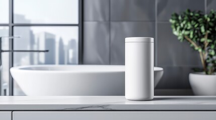 Fototapeta premium Modern bathroom with sleek white container on marble countertop
