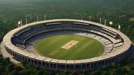 Top view of cricket ground surrounded by lush greenery and urban skyline
