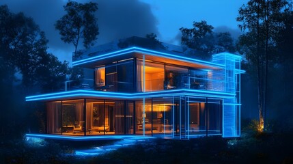 Futuristic blue home exterior with sleek design and smart features
