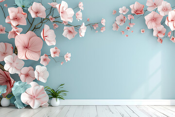 Pink paper flowers adorn a light blue wall, creating a delicate and whimsical backdrop.