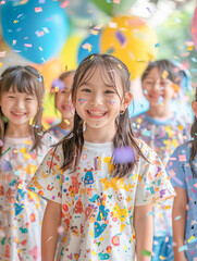 Group of children having fun celebrating with colorful confetti