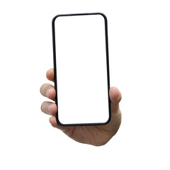 close up man hand hold smartphone with blank screen isolated on transparent background for...