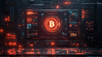 Obraz premium The image features a futuristic interface showcasing Bitcoin with glowing red elements and digital graphics, emphasizing cryptocurrency technology.