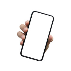 close up man hand hold smartphone with blank screen isolated on transparent background for marketing or advertisement and design concept