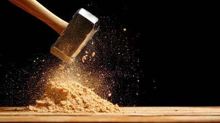 Hammer striking pile of sand with dramatic impact and flying particles
