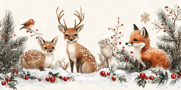 Fototapeta A charming winter scene featuring woodland animals in a snowy landscape. The illustration includes an adorable fawn and two playful foxes.