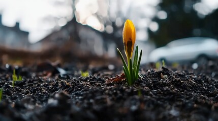 Vibrant yellow flower blooming through the dark soil in early spring