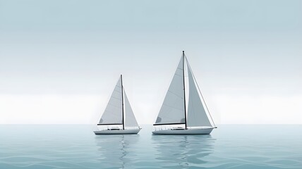 Fototapeta premium Two minimalist sailboats sailing on calm ocean with clear sky background