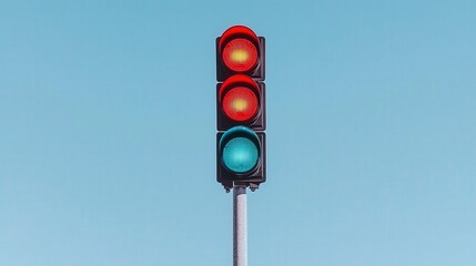 Red and green traffic light against a clear blue sky