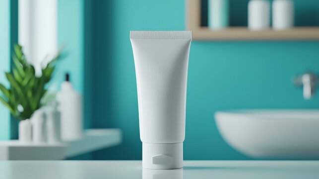 Minimalist bathroom interior with a focus on a white skincare tube