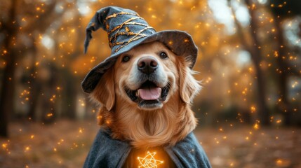 A happy golden retriever in a wizard hat, set against an autumn backdrop with magical sparkles, embodies a whimsical Halloween spirit.