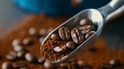 Close-up of coffee beans and ground coffee in a metal scoop