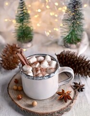 Generative AI. illustration of Hot chocolate with marshmallows, warm cozy Christmas drink in a wooden tray.