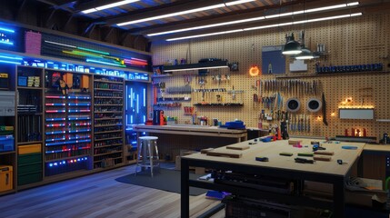 A smart workshop with an inventory system for materials, automated ordering of low stock items, and LED task lighting that adjusts to the project