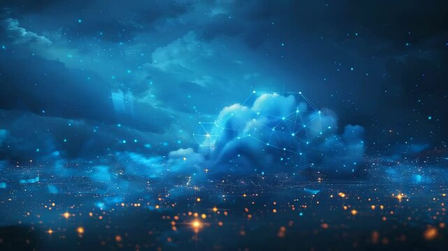 video of blue cloud with pixelated digital transformation on an abstract technology background. Concept of artificial intelligence and big data