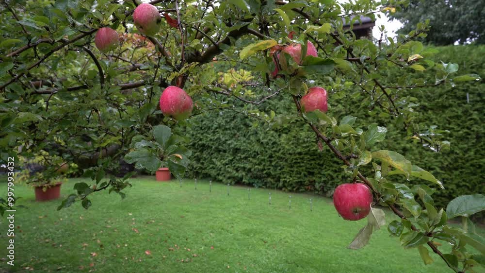 Poster red apples on an apple tree in a garden. rain scene in heavy rain - relaxing rain - static shot