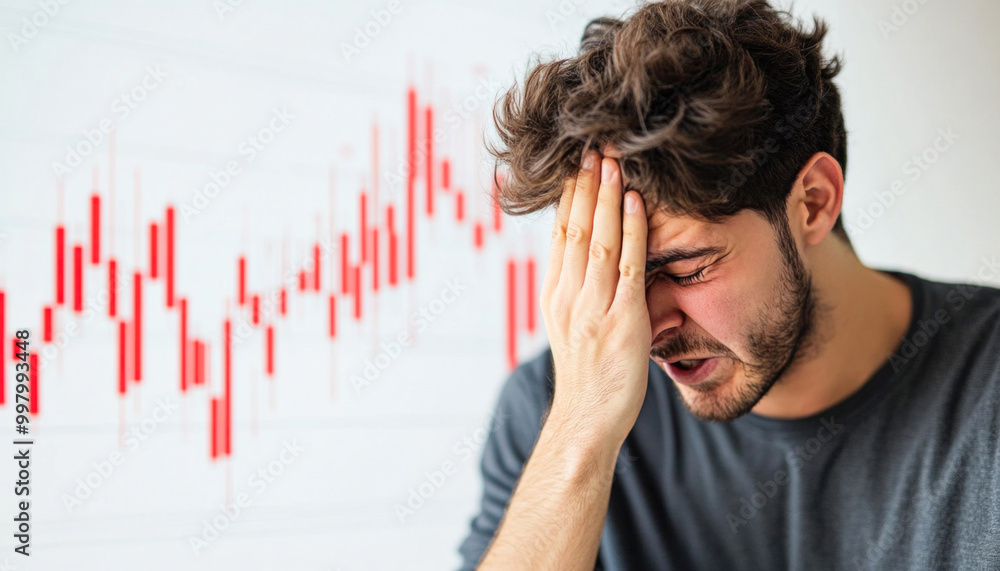 Aufkleber stressed trader having a bad day at work due to falling stock market charts