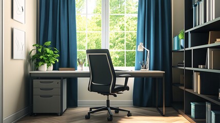 A modern home office with a desk, chair, bookshelf, and window with natural light.