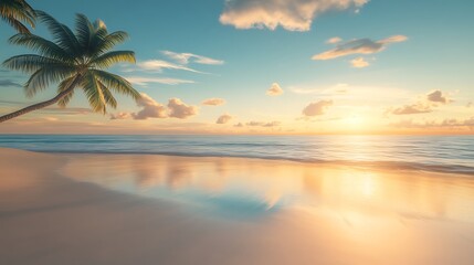 Obraz premium Tranquil Summer Beach at Sunrise with Palm Trees and Golden Light