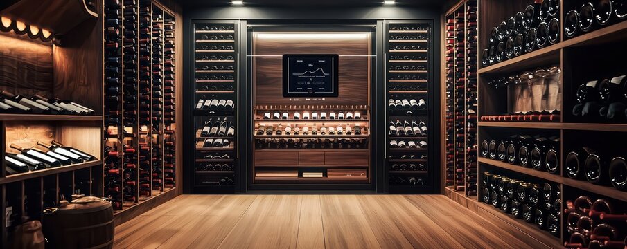 A wine cellar with climate control that adjusts for each type of wine, a virtual sommelier for pairing suggestions, and a smart inventory system that tracks aging and consumption - Powered by Adobe
