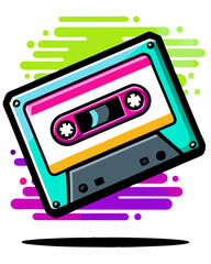 Retro Cassette Tapes: A vibrant and stylish illustration of a classic cassette tape, evoking a sense of nostalgia and vintage charm. Perfect for music lovers, 80s and 90s aesthetic.
