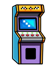 Retro Arcade Game: A colorful and pixelated illustration of a classic arcade game cabinet, complete with a checkered pattern on the top and a screen displaying a retro-style game.