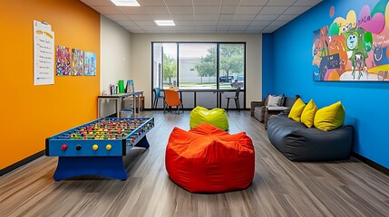 A fun lounge area designed for relaxation and team bonding, complete with a foosball table, bean bags, and art supplies. The walls are painted in bright colors