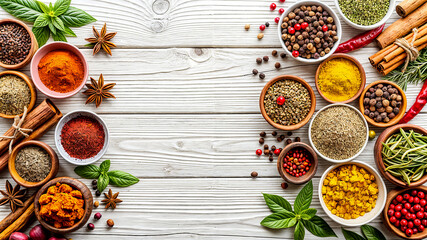 A diverse selection of spices is beautifully arranged in small bowls on a weathered wooden surface, highlighting their rich colors and distinct textures, creating an inviting presentation