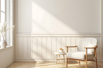 A white armchair with a wooden frame sits in a bright living room, bathed in natural light.