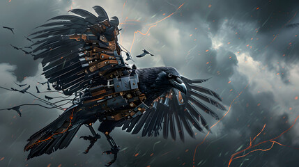 Dark horror hybrid robotic crow with mechanical mechanism.