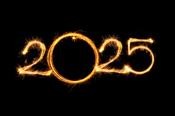 Happy new year 2025 text written with Sparkle fireworks isolated on black background