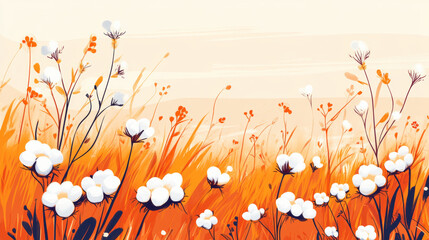 A playful depiction of cotton plants, cartoon style