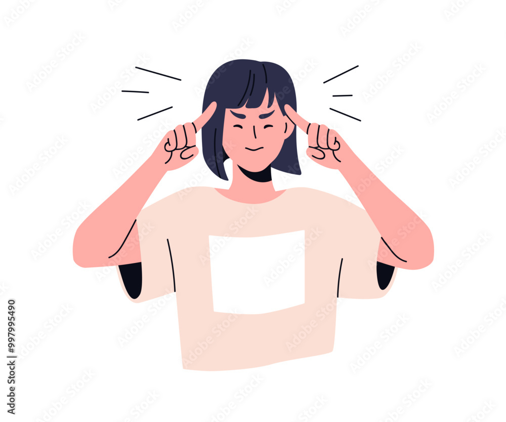 Aufkleber thinking woman with focused thoughtful tensed face expression, fingers on temples. concentration on 