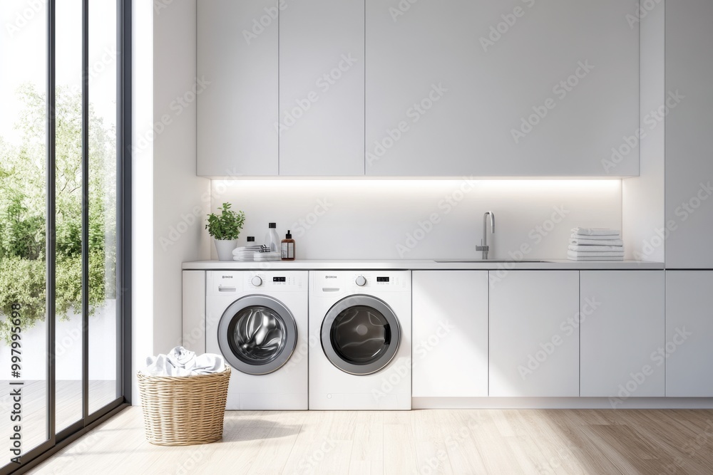 Poster this laundry room showcases built-in washing and drying machines alongside elegant cabinets and a ba