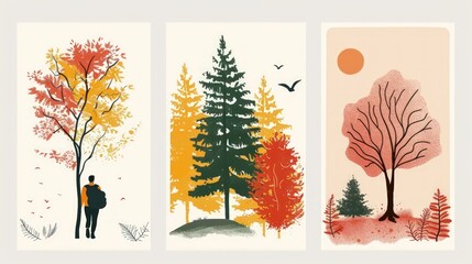 Autumnal Forest Landscapes Set - Simple Minimalist Illustrations