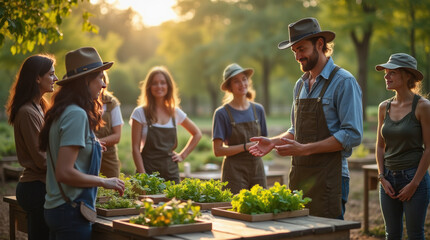 Farmers gather for an outdoor workshop to learn sustainable practices from an experienced instructor in a green, sunlit environment