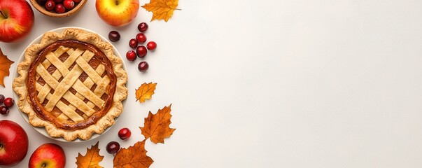 A delicious apple pie surrounded by autumn fruits and leaves, capturing the essence of fall and seasonal celebrations.