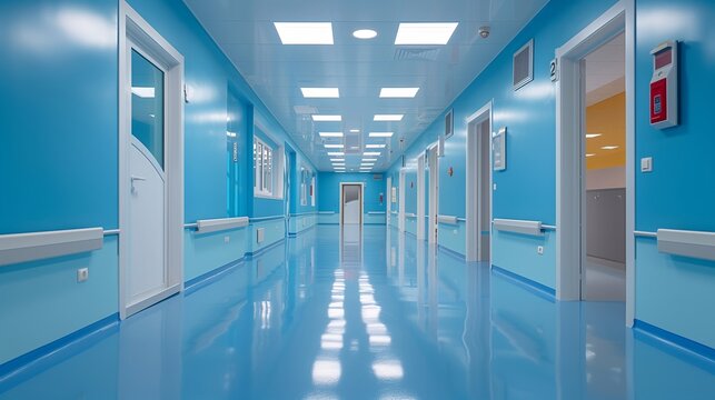 A wide, well lit corridor in a polyclinic features blue walls and floors, promoting a calming atmosphere for visitors and patients