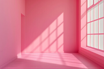 Fototapeta premium Sunlight streams through a window, casting long shadows on the pink walls of an empty room.