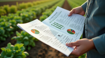 Naklejka premium Inspector reviewing organic farming certification documents outdoors in a lush agricultural field during daytime
