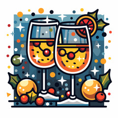 Merry Christmas and Happy New Year greeting card. Drinks for the New Year in beautiful glasses and decor.